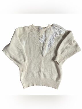 Cinderella Vintage Cream Rabbit Fur and Faux Pearl Accent Wool Knit Sweater L